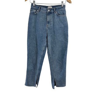 NA-KD Jeans Straight Leg Side Slit Leg Hems Light Wash Blue Denim Pants Casual